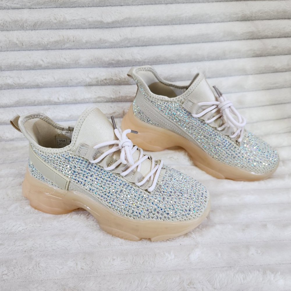 Berness Shoes Stretchy Canvas Woven Women's Rhinestone Sneakers in Beige